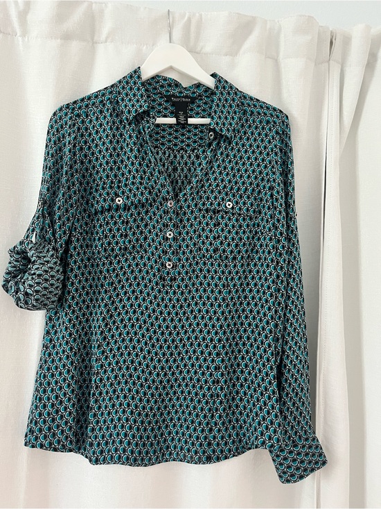 White House Black Market Tops - White House Black Market Teal and Black Geometric Button-Front Blouse Sz 12
